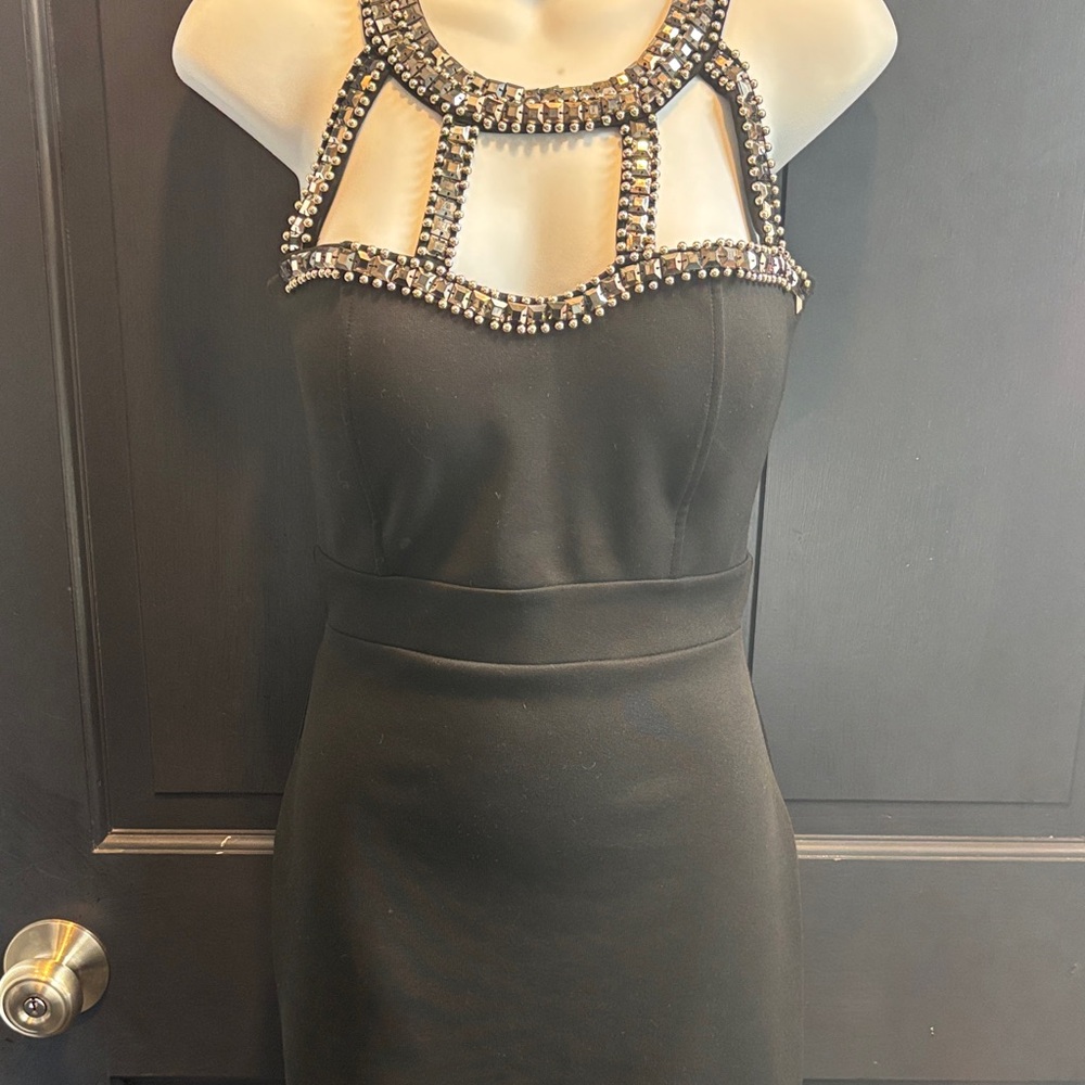 Strapless Black Embellished Cocktail Dress with Beaded Neckline